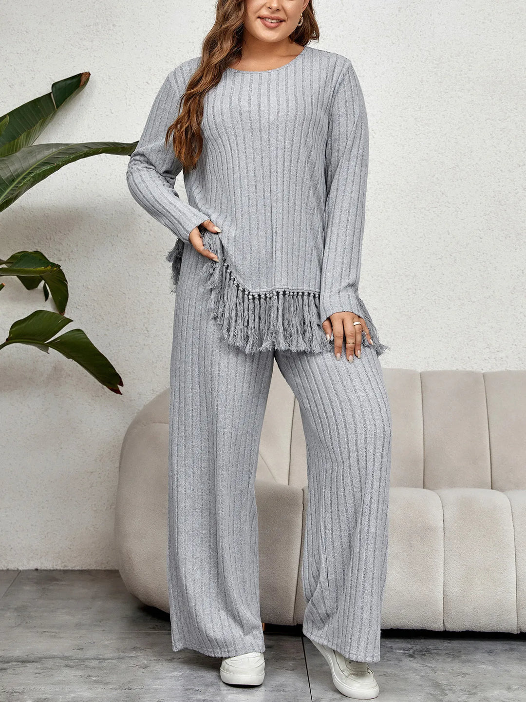 Plus-Size Two-Piece Outfit Set with Fringe-XL-State of Style