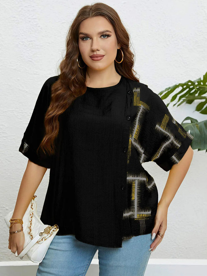 Plus Size Women's Summer Top with Round Neck & Front Button Placket-Black-2XL-State of Style