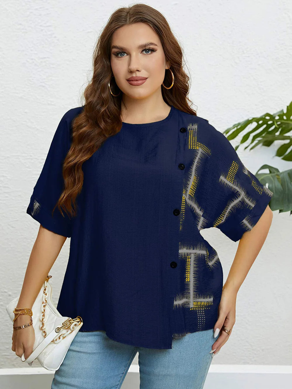 Plus Size Women's Summer Top with Round Neck & Front Button Placket-Navy Blue-2XL-State of Style