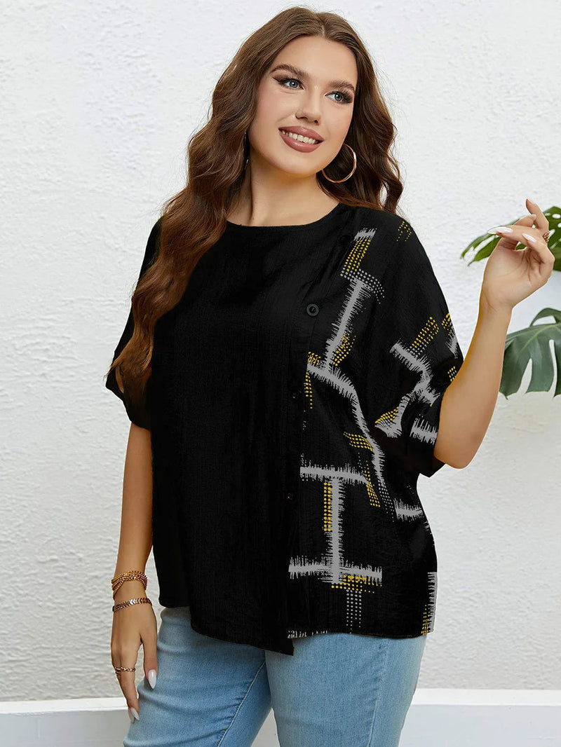 Plus Size Women's Summer Top with Round Neck & Front Button Placket-Yellow-2XL-State of Style