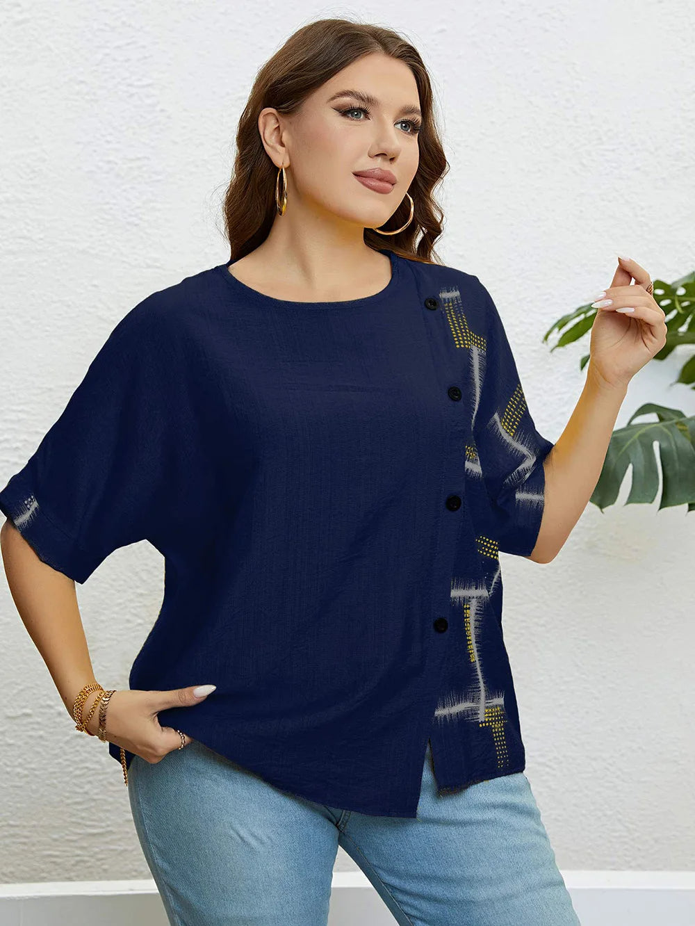 Plus Size Women's Summer Top with Round Neck & Front Button Placket-Yellow-2XL-State of Style