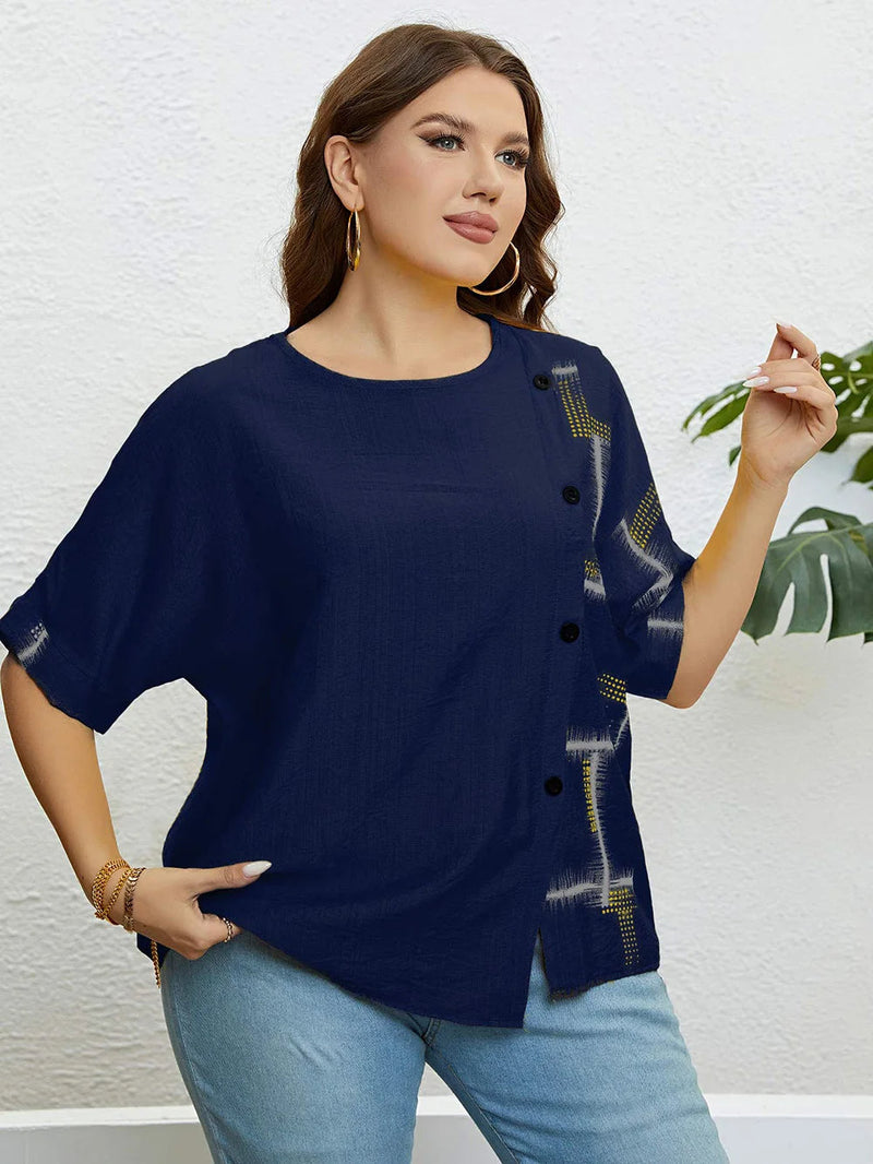 Plus Size Women's Summer Top with Round Neck & Front Button Placket-Yellow-2XL-State of Style