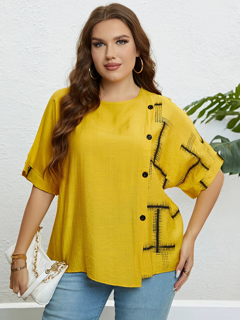 Plus Size Women's Summer Top with Round Neck & Front Button Placket-Yellow-2XL-State of Style