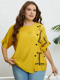 Plus Size Women's Summer Top with Round Neck & Front Button Placket-Yellow-2XL-State of Style