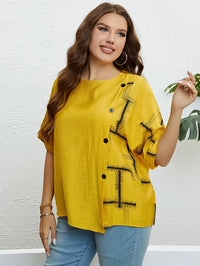 Plus Size Women's Summer Top with Round Neck & Front Button Placket-Yellow-2XL-State of Style