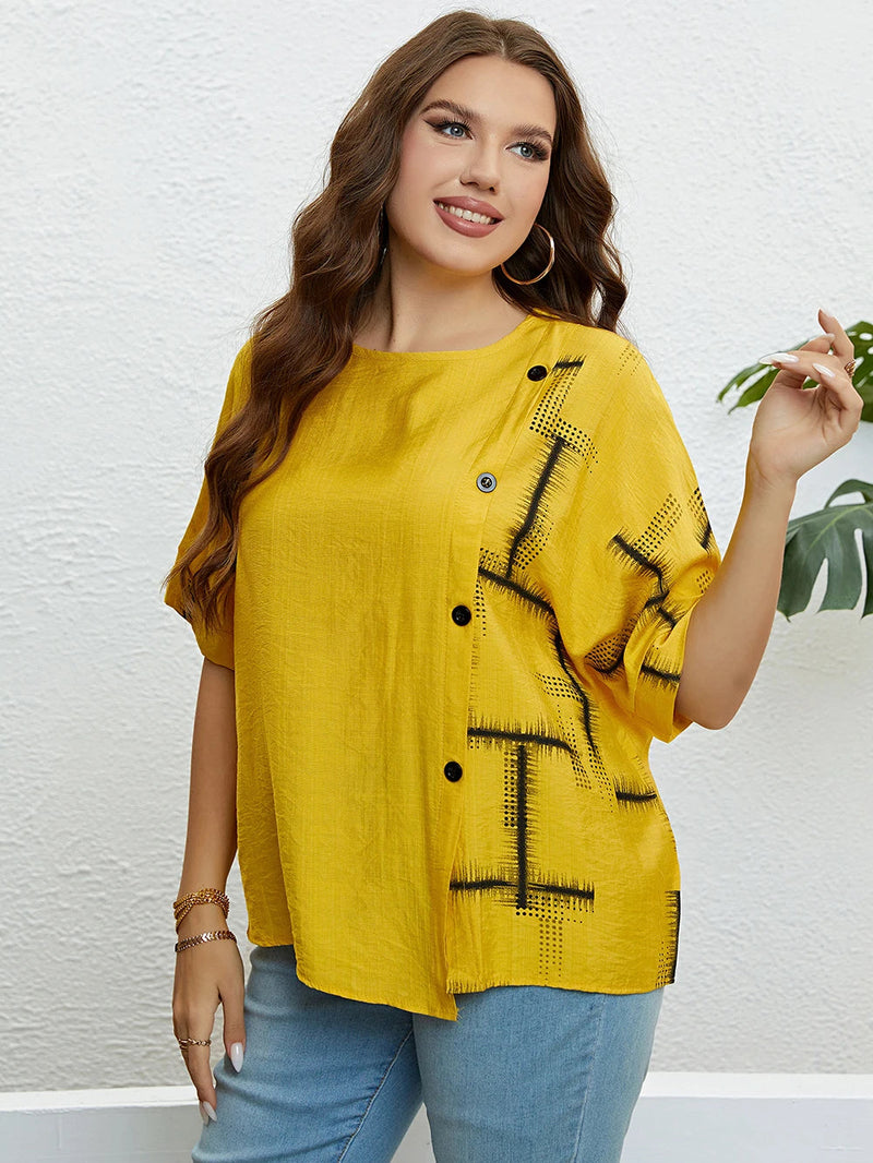 Plus Size Women's Summer Top with Round Neck & Front Button Placket-Yellow-2XL-State of Style