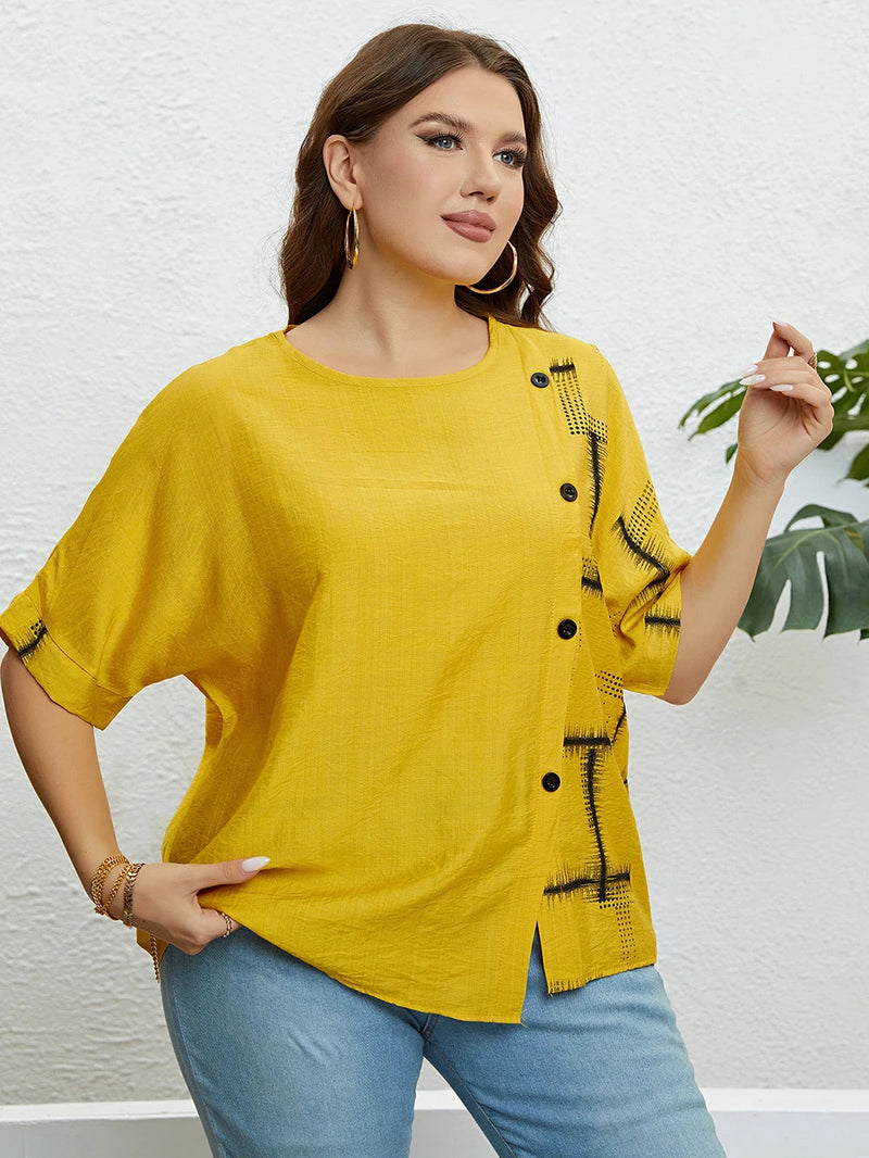 Plus Size Women's Summer Top with Round Neck & Front Button Placket-Yellow-2XL-State of Style