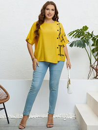 Plus Size Women's Summer Top with Round Neck & Front Button Placket-Yellow-2XL-State of Style