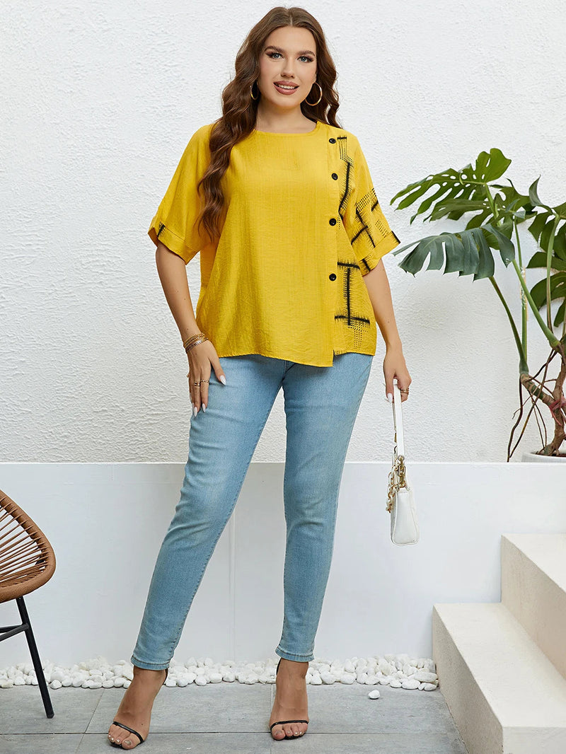 Plus Size Women's Summer Top with Round Neck & Front Button Placket-Yellow-2XL-State of Style