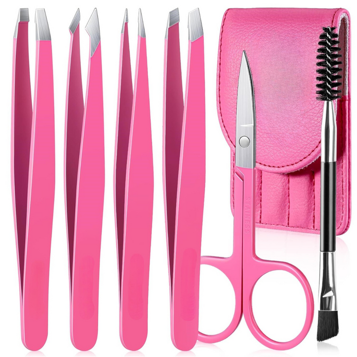 Precision Tweezer Set - 6-piece for Eyebrows with Travel Case-Pink-State of Style