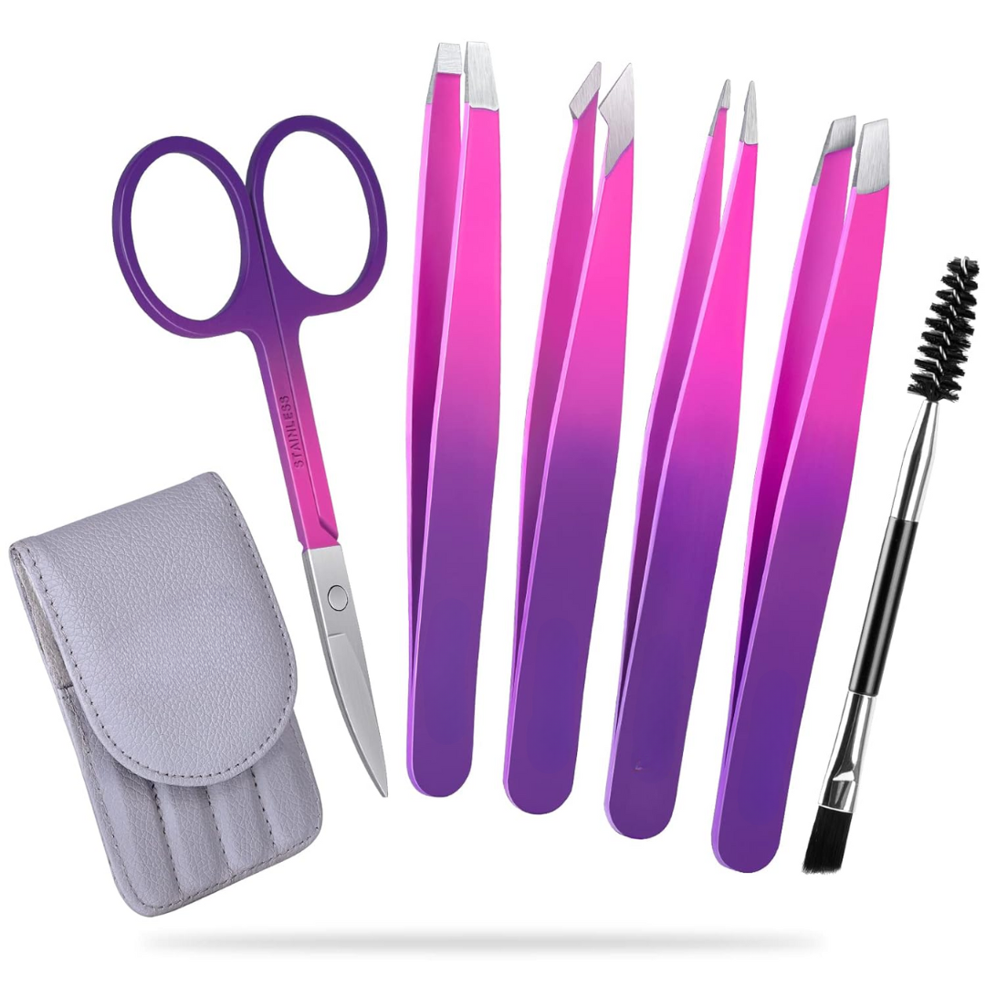 Precision Tweezer Set - 6-piece for Eyebrows with Travel Case-Purple-State of Style