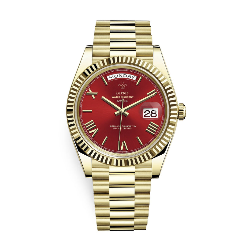 Premium Automatic Watch with Day and Date Function - Solan-Gold/red-State of Style