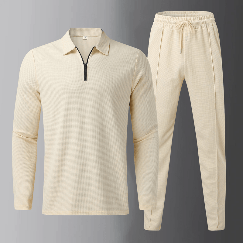Premium men's leisure set with long-sleeve shirt and joggers – Elian-Beige-S-State of Style