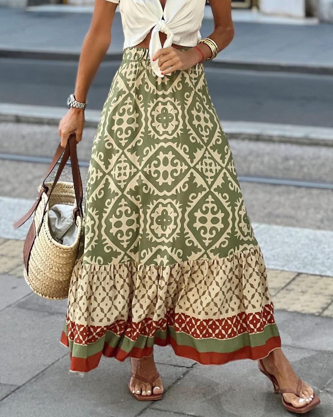 Printed Boho maxi skirt with a flowing cut & fringes – Yalina-Green-S-State of Style