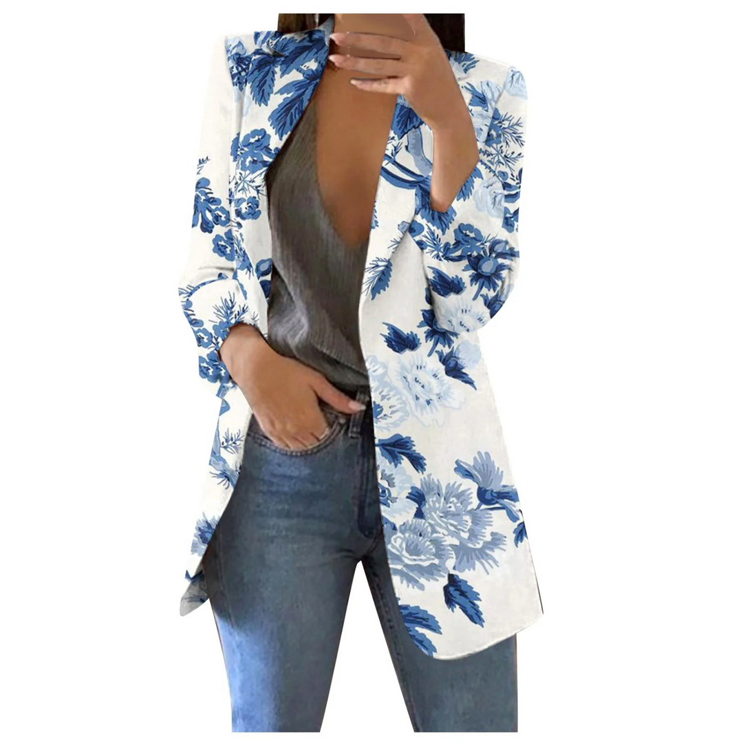 Printed Cropped Women's Blazer - Savannah-White-Blue-S-State of Style
