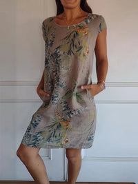 Printed dress with round neckline – Eveline-Brown-S-State of Style
