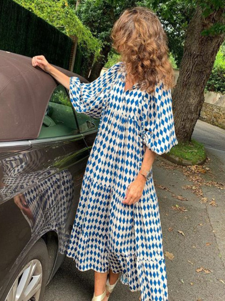 Printed maxi dress with waist band – Aurelia-Blue-S-State of Style