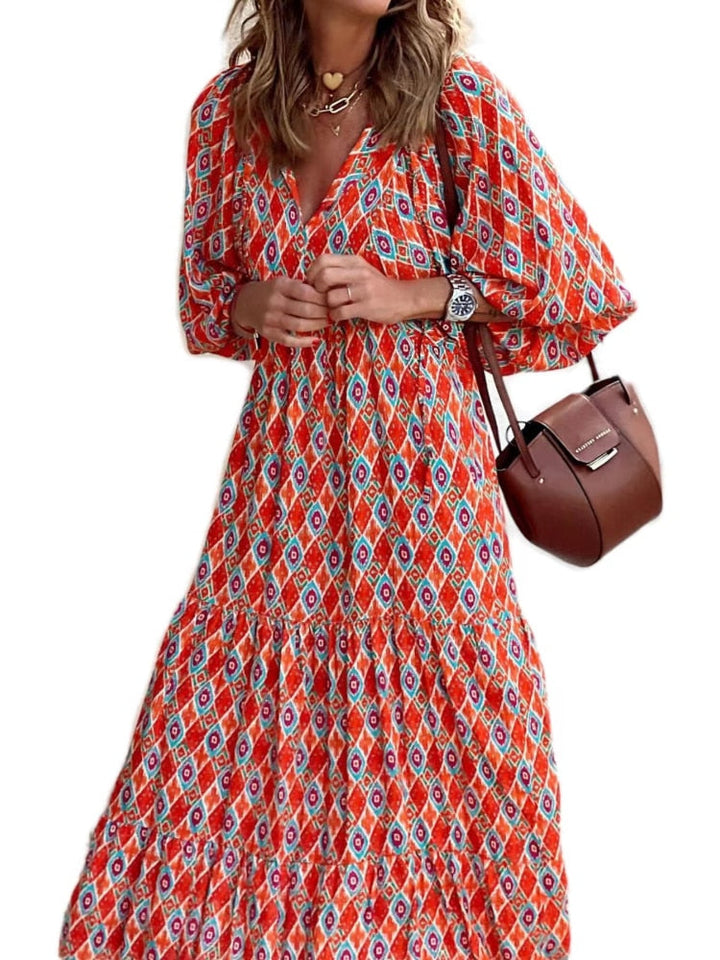 Printed maxi dress with waist band – Aurelia-Orange-S-State of Style
