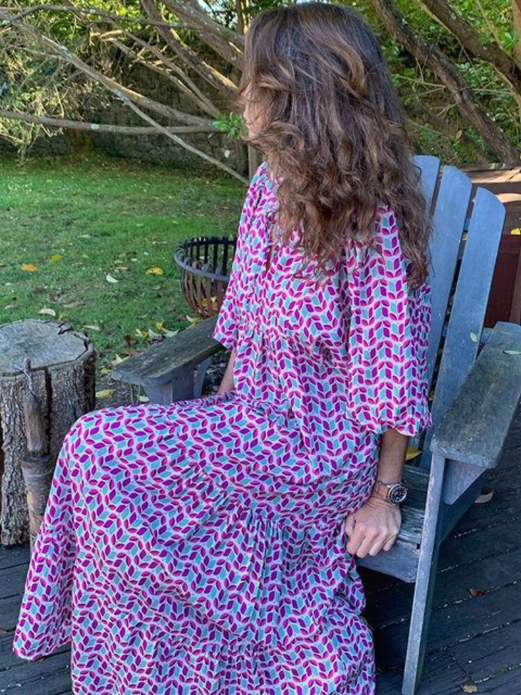 Printed maxi dress with waist band – Aurelia-Purple Blue-S-State of Style