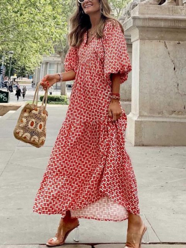 Printed maxi dress with waist band – Aurelia-Red-S-State of Style
