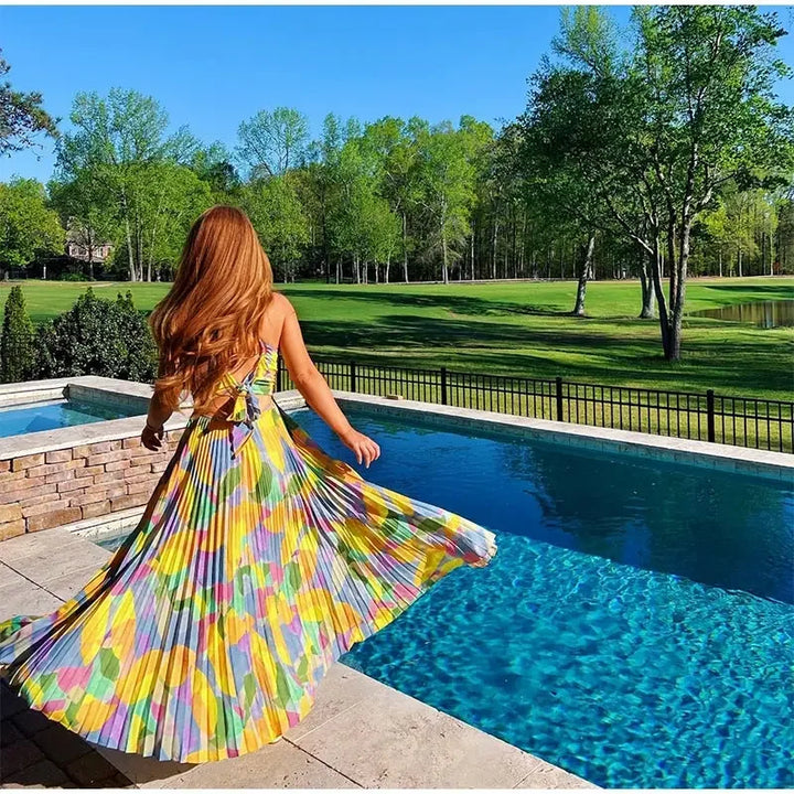 Printed Summer Dress with Deep Neckline and Bow Detail – Vivienne-S-State of Style