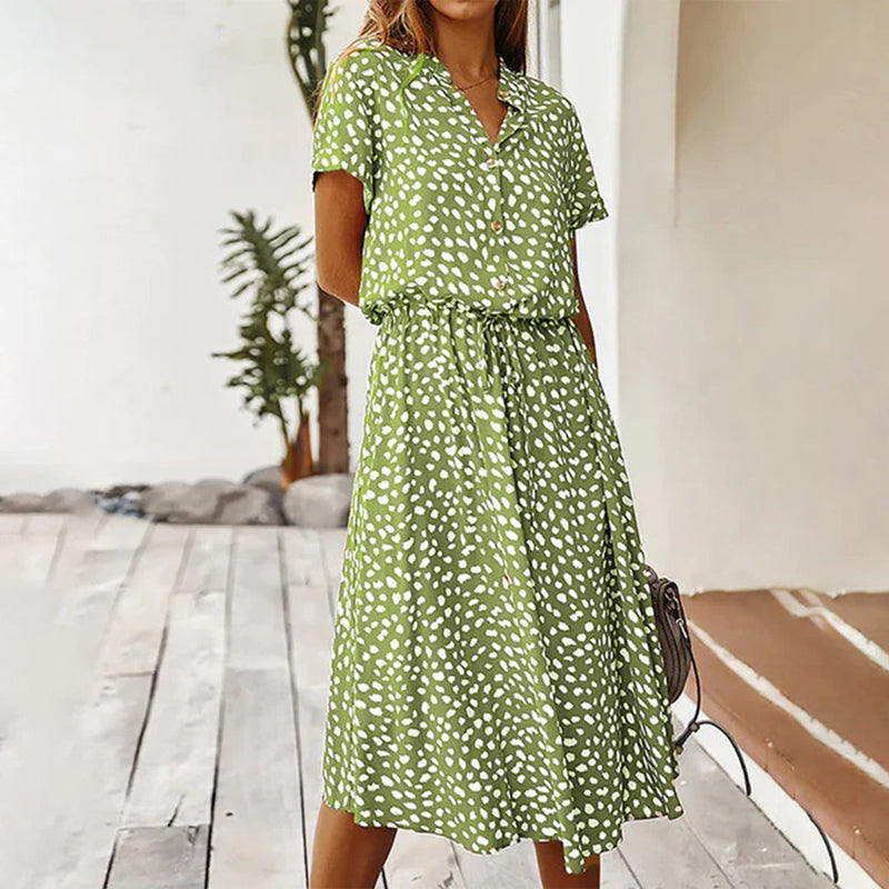 Printed V-Neck Dress – Marielle-Green-S-State of Style