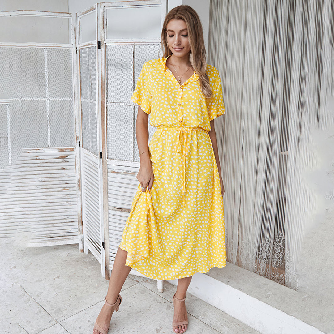 Printed V-Neck Dress – Marielle-Yellow-S-State of Style