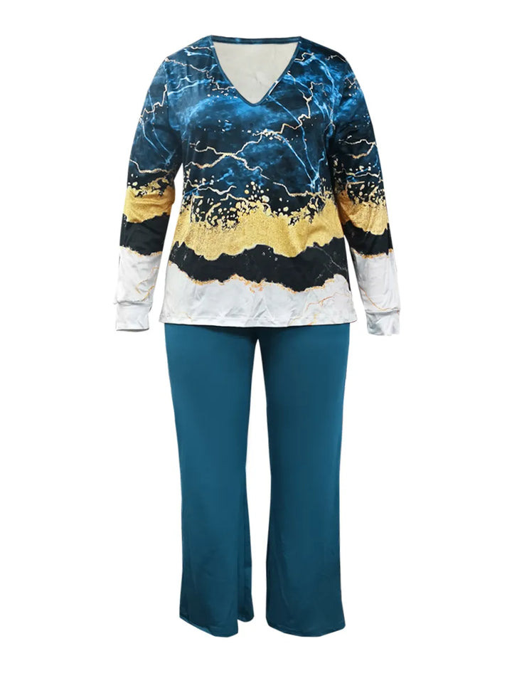 Printed V-Neck Plus Size Outfit Set-Black-XL-State of Style