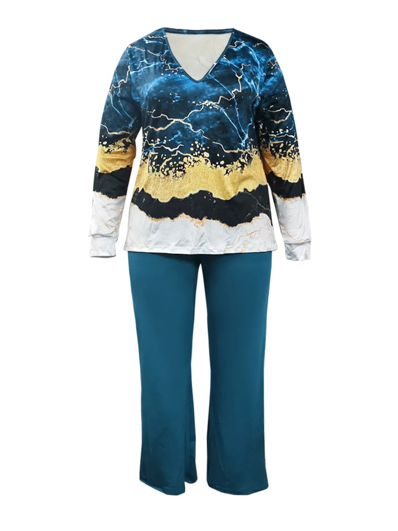 Printed V-Neck Plus Size Outfit Set-Black-XL-State of Style