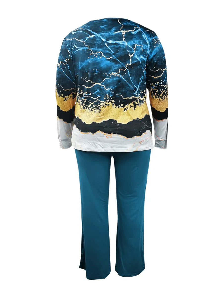 Printed V-Neck Plus Size Outfit Set-Black-XL-State of Style