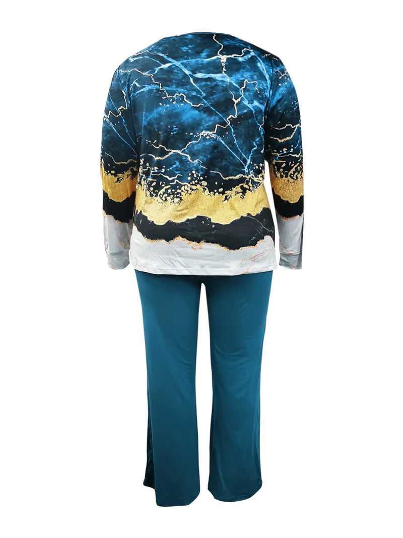 Printed V-Neck Plus Size Outfit Set-Black-XL-State of Style