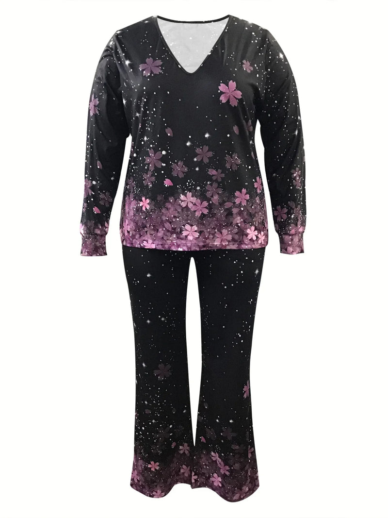 Printed V-Neck Plus Size Outfit Set-Black-XL-State of Style