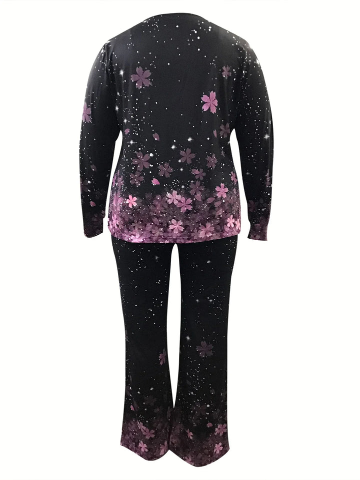 Printed V-Neck Plus Size Outfit Set-Black-XL-State of Style