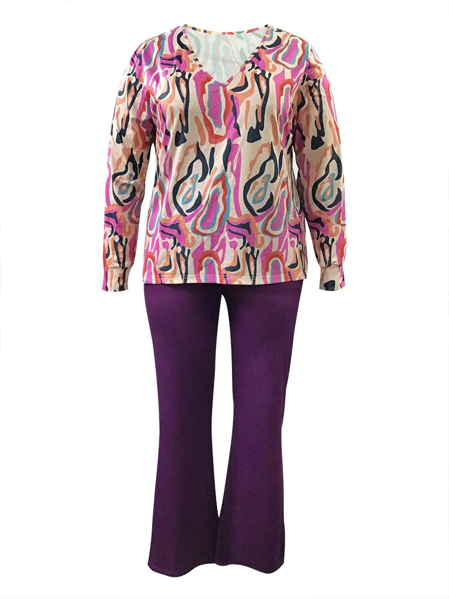 Printed V-Neck Plus Size Outfit Set-Black-XL-State of Style