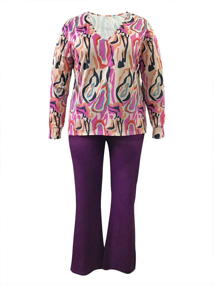 Printed V-Neck Plus Size Outfit Set-Black-XL-State of Style