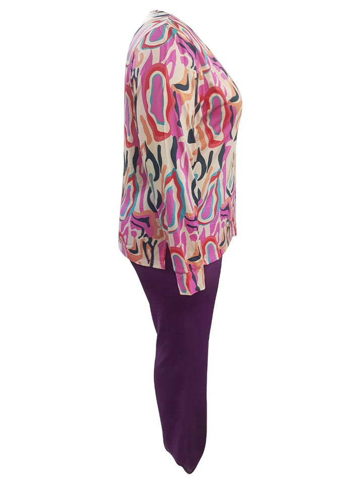 Printed V-Neck Plus Size Outfit Set-Black-XL-State of Style