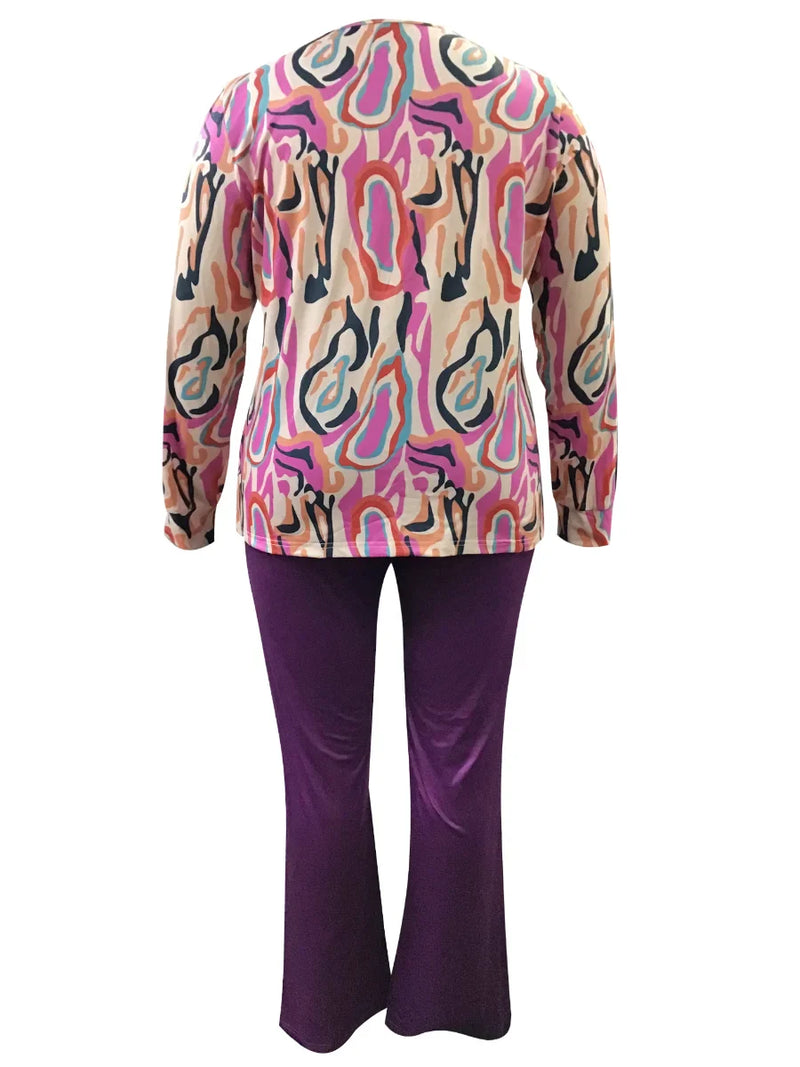 Printed V-Neck Plus Size Outfit Set-Black-XL-State of Style