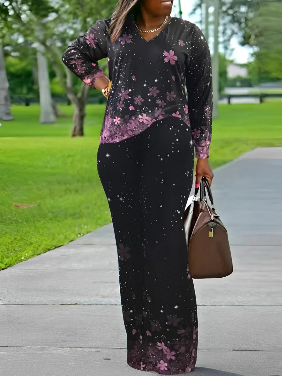 Printed V-Neck Plus Size Outfit Set-Black-XL-State of Style