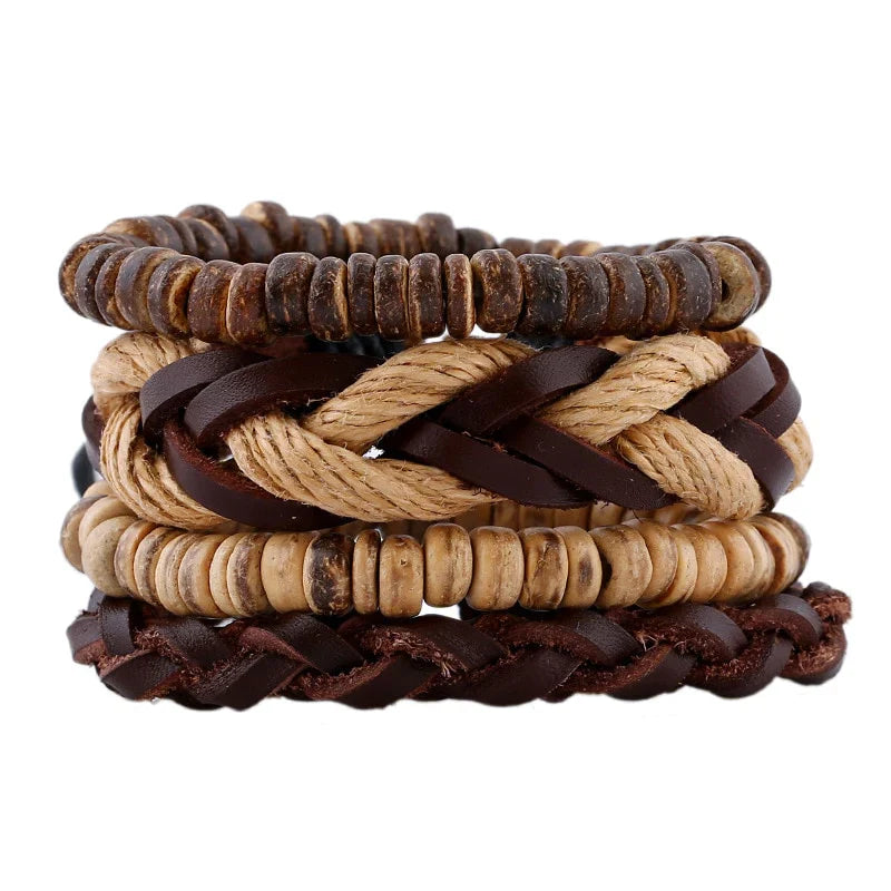 STYLISH 4-PIECE WOOD AND LEATHER BRACELET SET