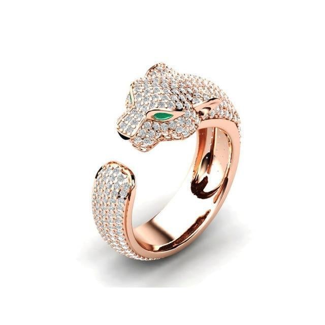 Adjustable Ring in 18K Silver and Rose Gold with Green Zirconia Eyes - Jaguar Ring™