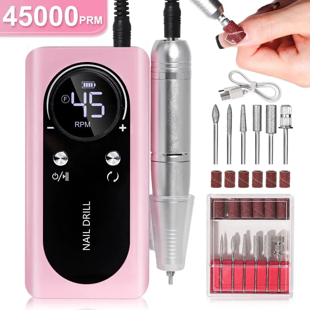 PROFESSIONAL 45000RPM PORTABLE ELECTRIC NAIL FILE WITH RECHARGEABLE BATTERY | LOW NOISE LEVEL FOR MANICURE-Pink-State of Style