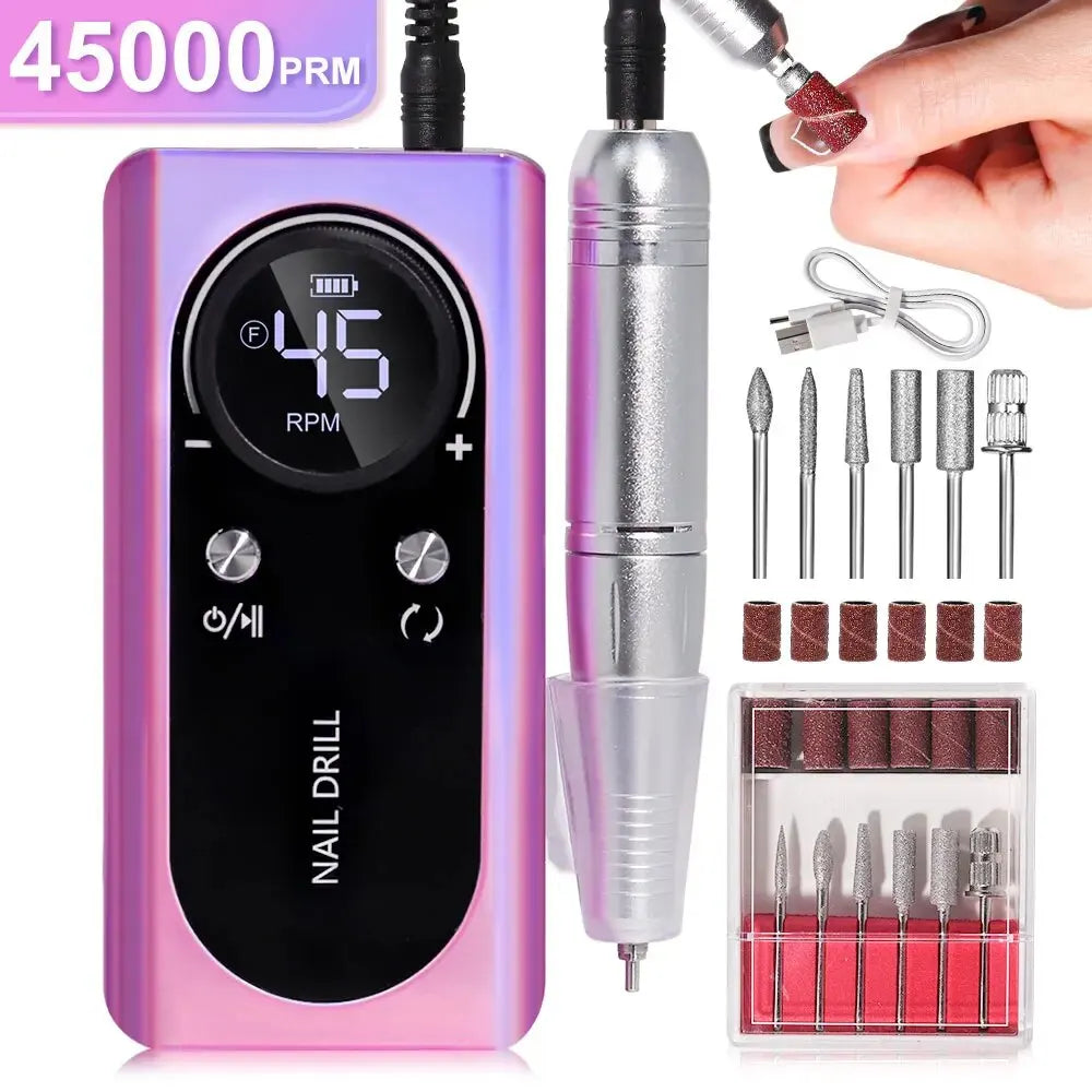 PROFESSIONAL 45000RPM PORTABLE ELECTRIC NAIL FILE WITH RECHARGEABLE BATTERY | LOW NOISE LEVEL FOR MANICURE-Purple-State of Style