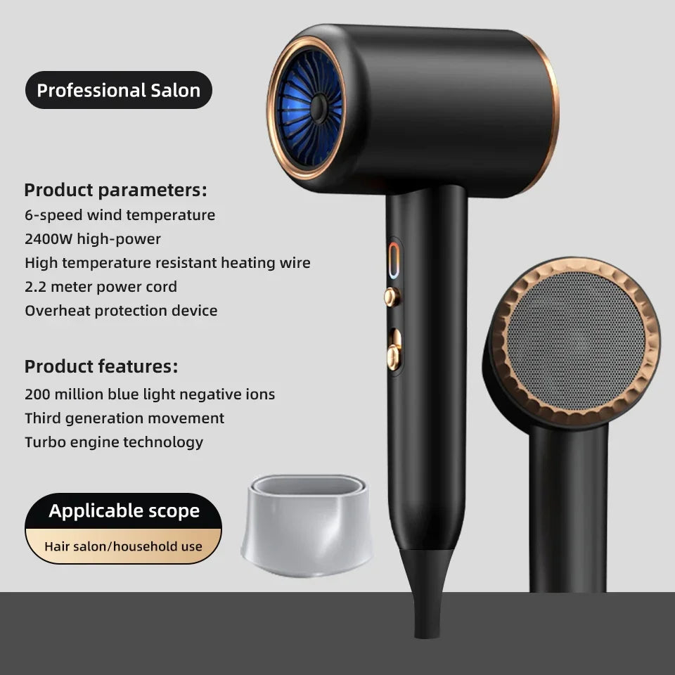 PROFESSIONAL HAIRDRYER 2400W WITH COLD AND HOT AIR - NEGATIVE IONS - POWERFUL HAIR DRYER FOR SALON RESULTS-Black-State of Style
