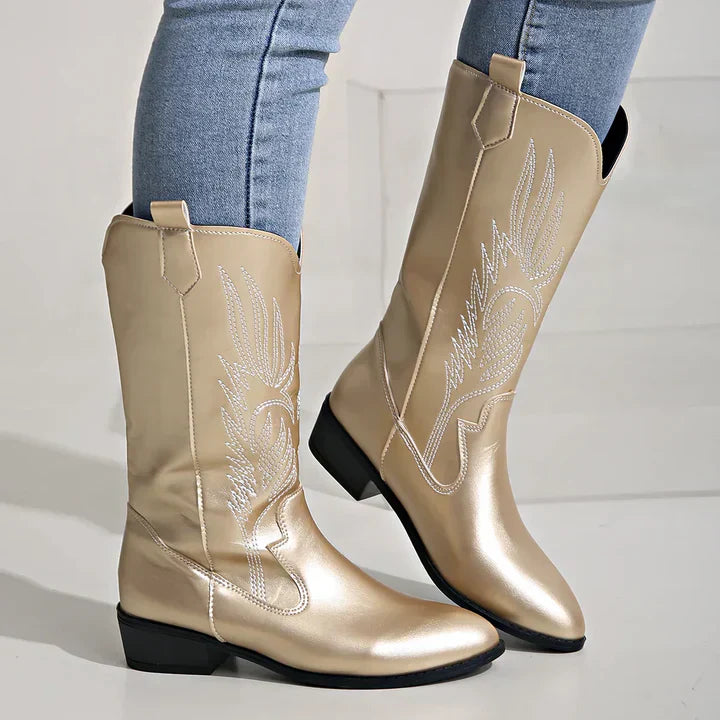 PU Leather Ladies Cowboy Boots with Soft Lining - Clara-Gold-3.5-State of Style