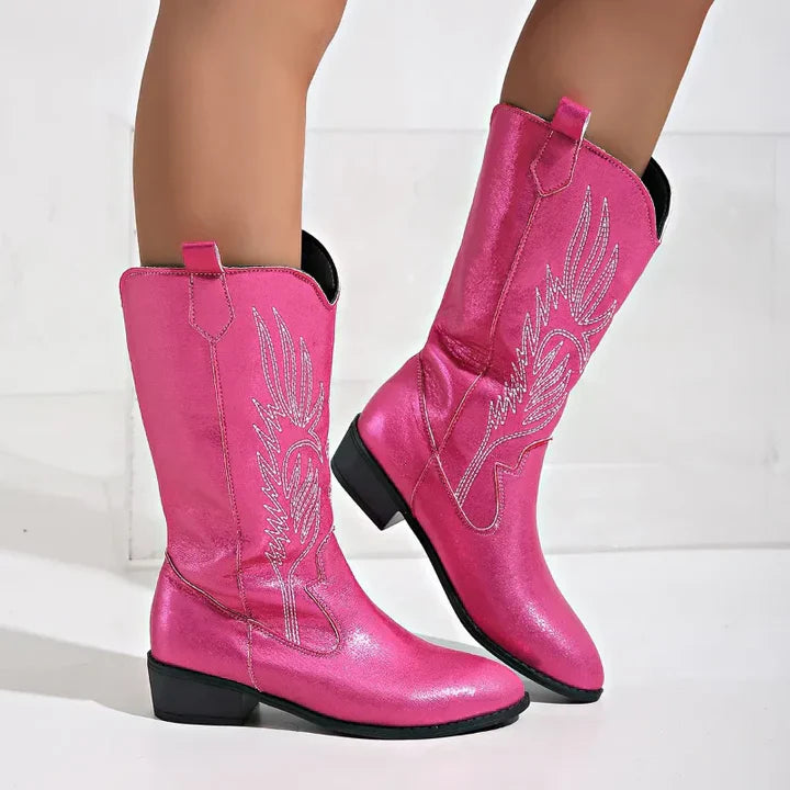 PU Leather Women's Cowboy Boots with Soft Lining - Clara-Pink-6-State of Style