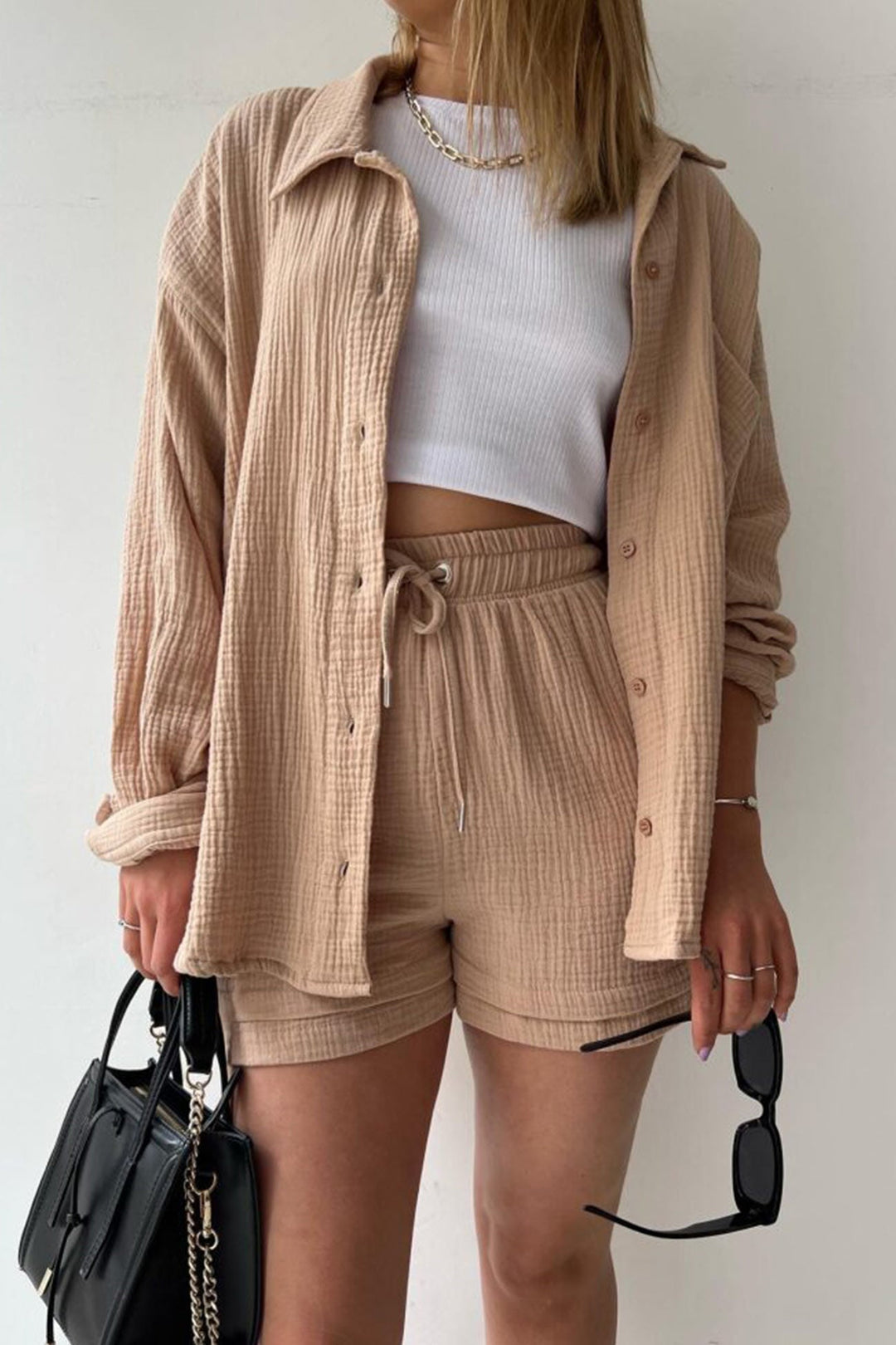 Radiant Summer Long Sleeve Shirt And Shorts Set | Elowen Collection-Khaki-S-State of Style
