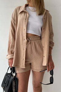 Radiant Summer Long Sleeve Shirt And Shorts Set | Elowen Collection-Khaki-S-State of Style
