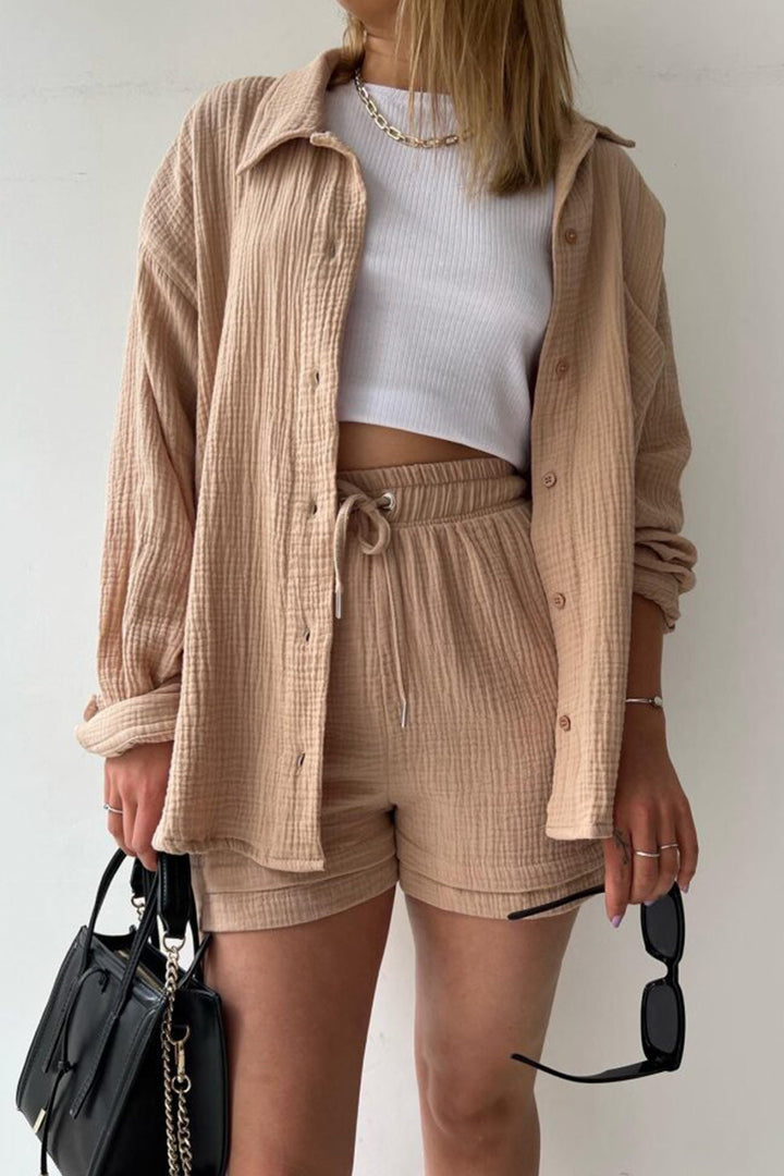 Radiant Summer Long Sleeve Shirt And Shorts Set | Elowen Collection-Khaki-S-State of Style