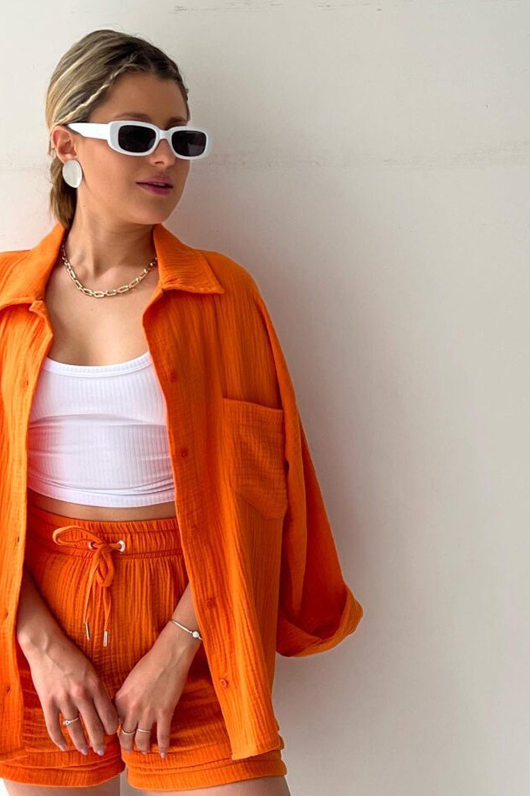 Radiant Summer Long Sleeve Shirt And Shorts Set | Elowen Collection-Orange-S-State of Style