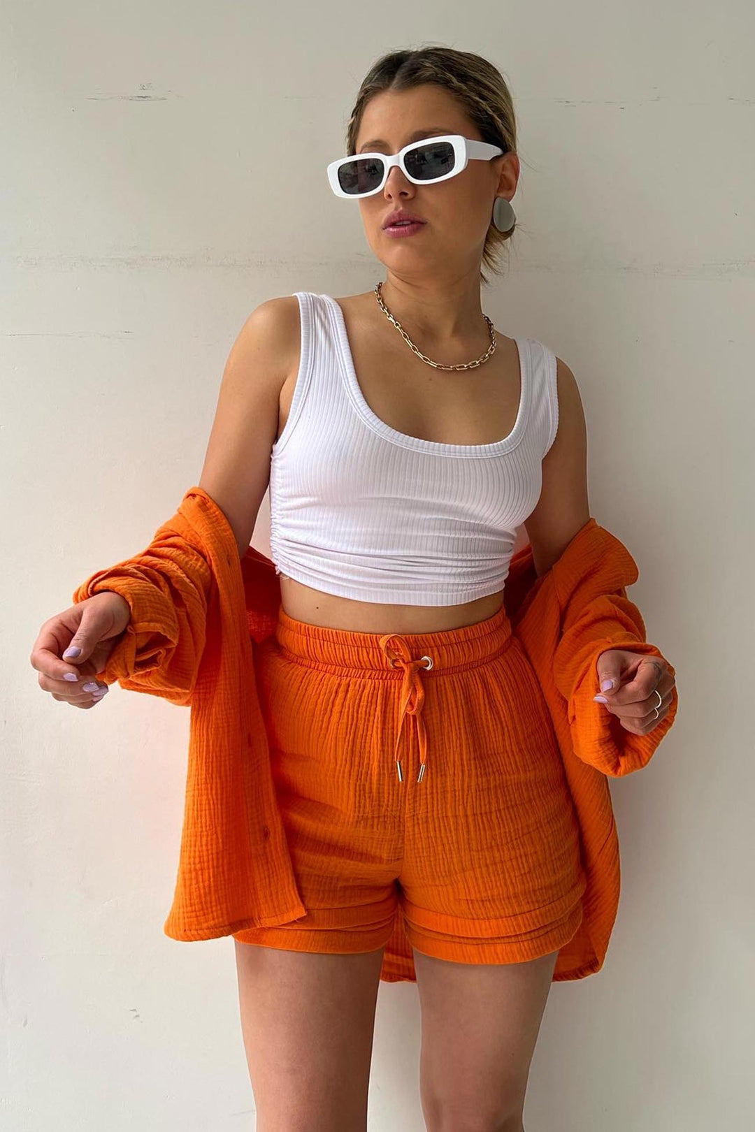 Radiant Summer Long Sleeve Shirt And Shorts Set | Elowen Collection-Orange-S-State of Style